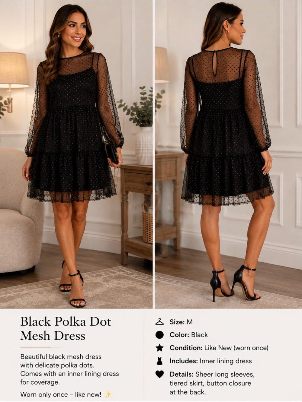 Black Sheer Polka Dot Dress with Lining – Size M